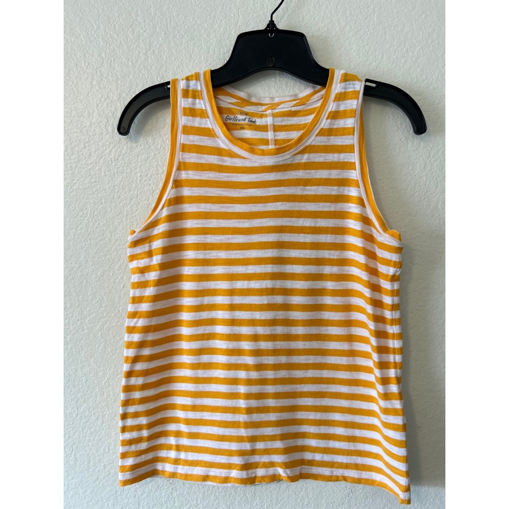 J.Crew Girlfriend Tank Top XS Yellow White Striped Cotton Sleeveless Crew Neck